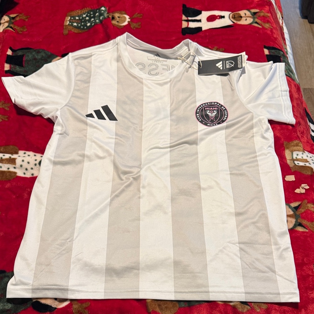 Adidas women’s White and Gray Striped Messi Jersey